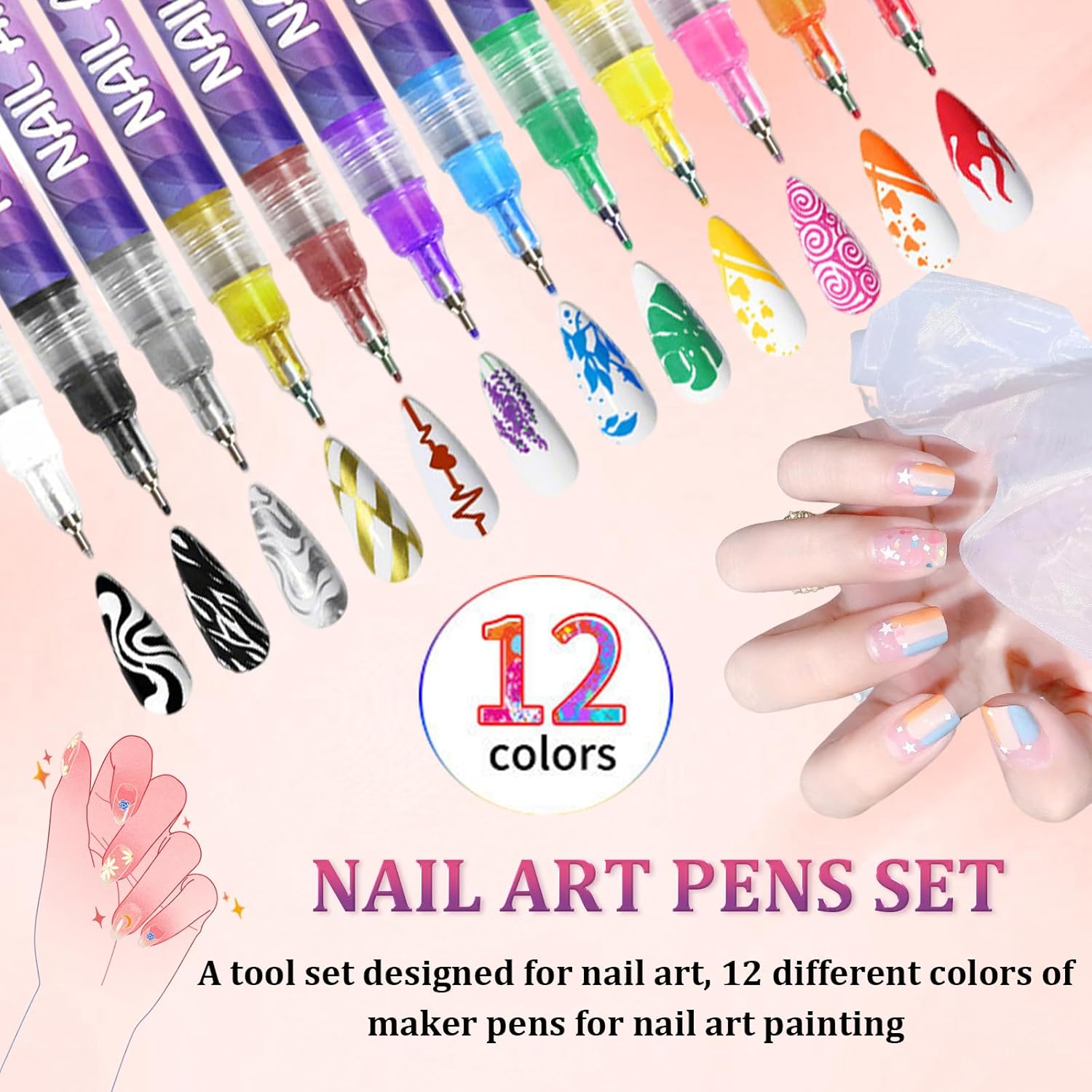 Nail Art Markers Pens Set, 12 Colors Nail Art Markers for Kids Girls Women, Quick-Dry Nail Polish Pens for Painting Nails, Dotting & Drawing Designs