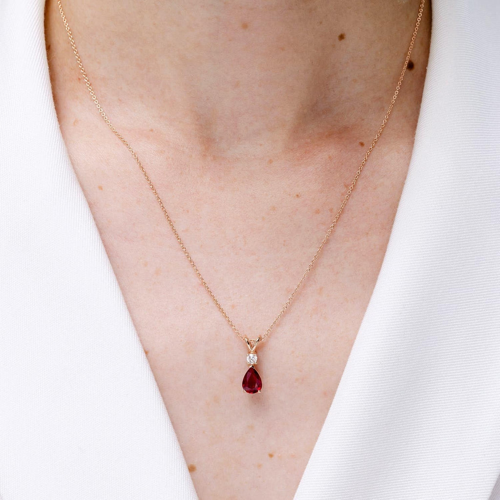 Angara Ruby Teardrop Necklace with Diamond in Silver/14K Solid Gold/Platinum | Natural Prong-Set Ruby V-Bale Pendant With 18" Chain for Women | July Birthday Gemstone Jewelry Gift