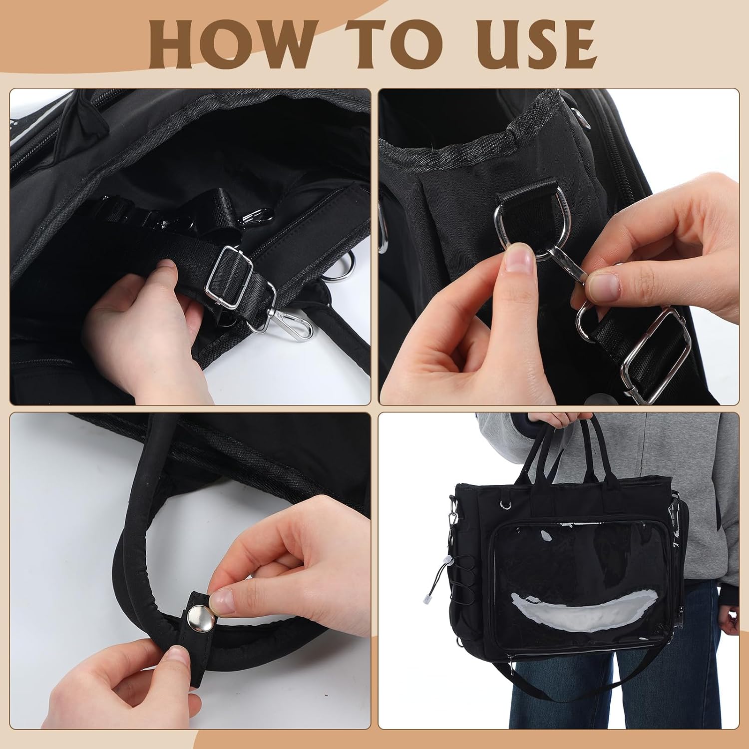 Large Ita Backpack Shoulder Tote Bag Crossbody Handbags Kawaii Black Ita Purse With Clear Pvc Insert For Pin Display Kpop Fan Anime (Pins Not Included)