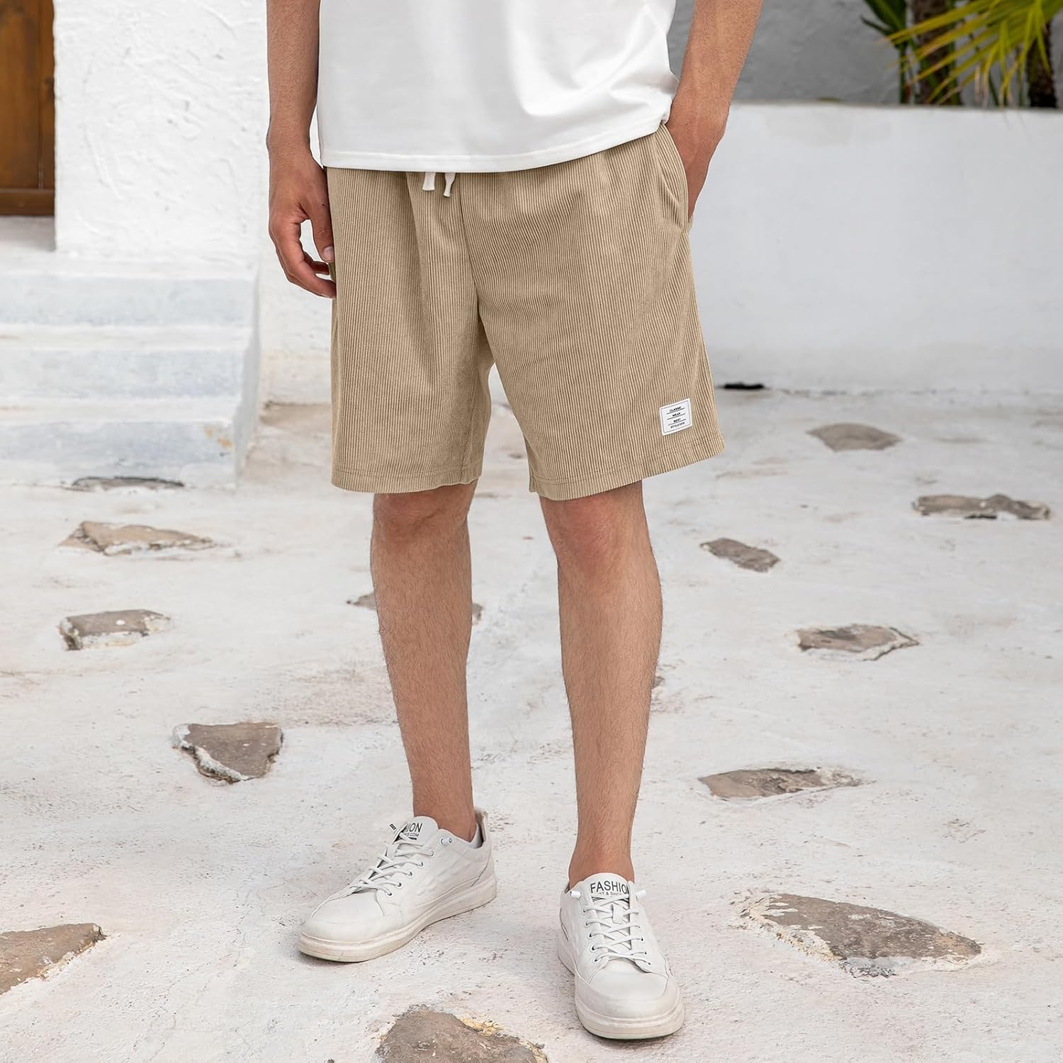 Mens Corduroy Shorts With Pockets,7 Inch Casual Elastic Waist Summer Beach Shorts With Drawstring