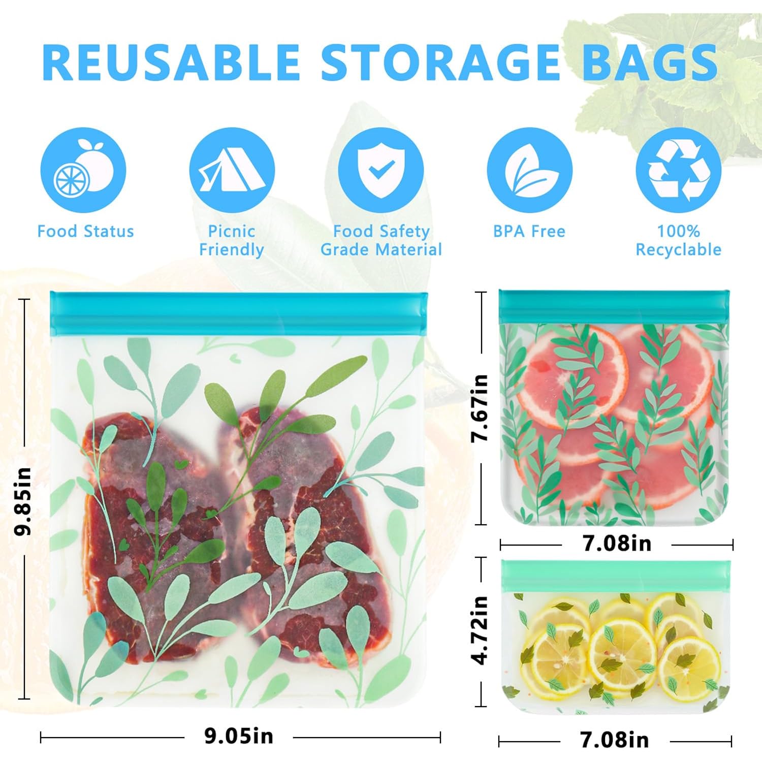 10 Pack Dishwasher Safe Reusable Peva Food Storage Bags, Leak Proof Reusable Freezer Bags For Food Storage Home Organization Traval & Make-Up Bpa Free For Food Storage Home Bpa Free For Salad Fruit