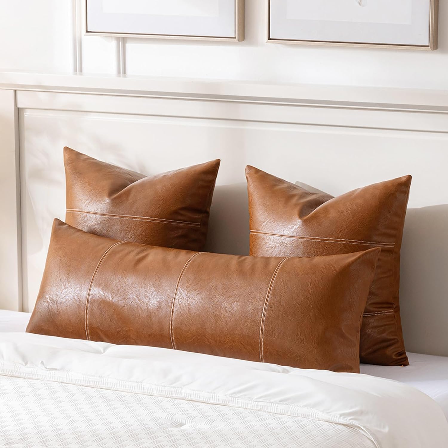 Fancy Homi Brown Boho Long Lumbar Faux Leather Body Decorative Throw Pillow Cover 14X36 Inch For Bedroom Couch Bed Sofa Bench, Hand Stitched Stylish Pillowcase, Rustic Modern Farmhouse Room Decor