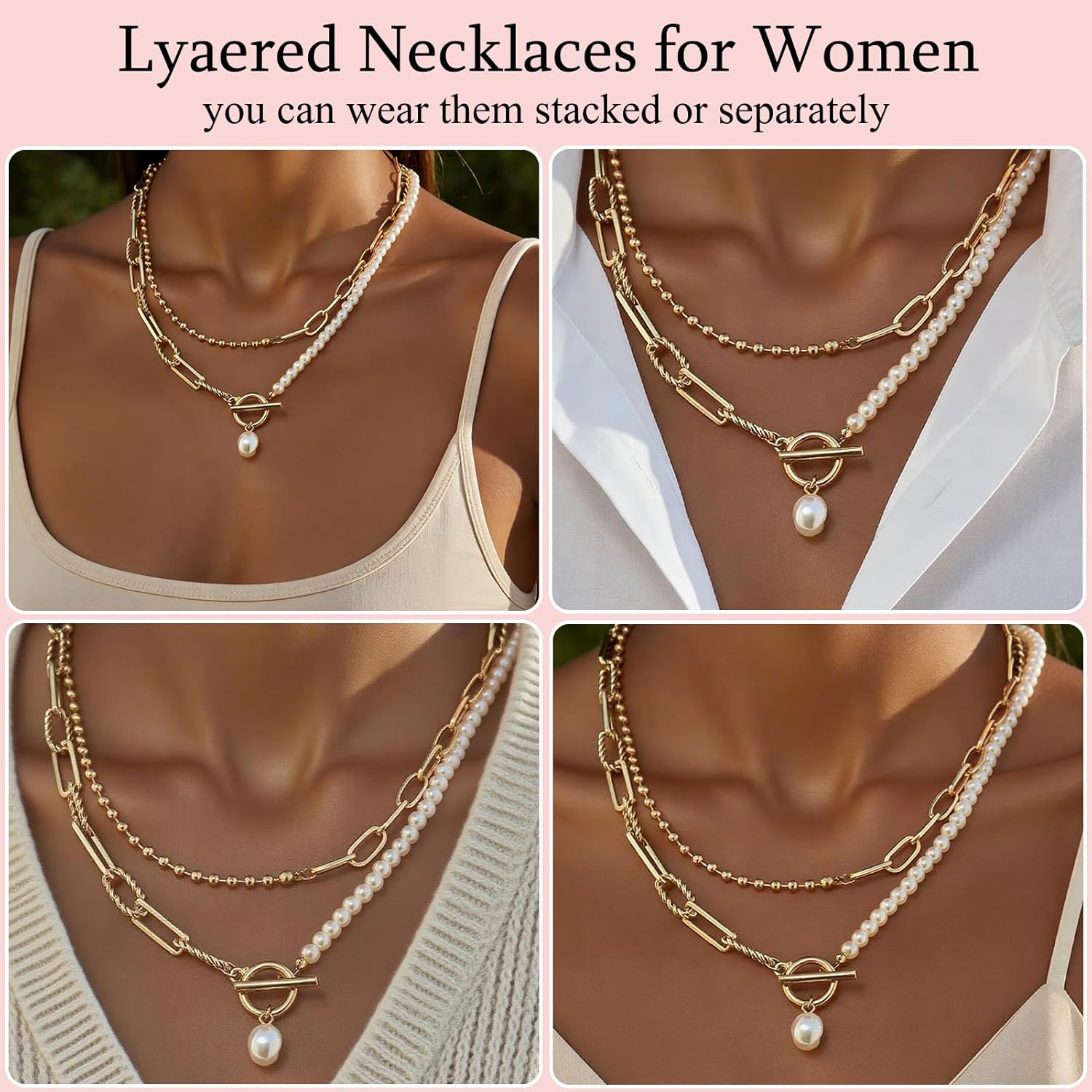 Gold Layered Pearl Chain Necklace for Women, 14K Gold Plated Pearl Link Toggle Clasp Necklace, Dainty Trendy Layered Choker Chunky Jewelry Fashion Gift for Women