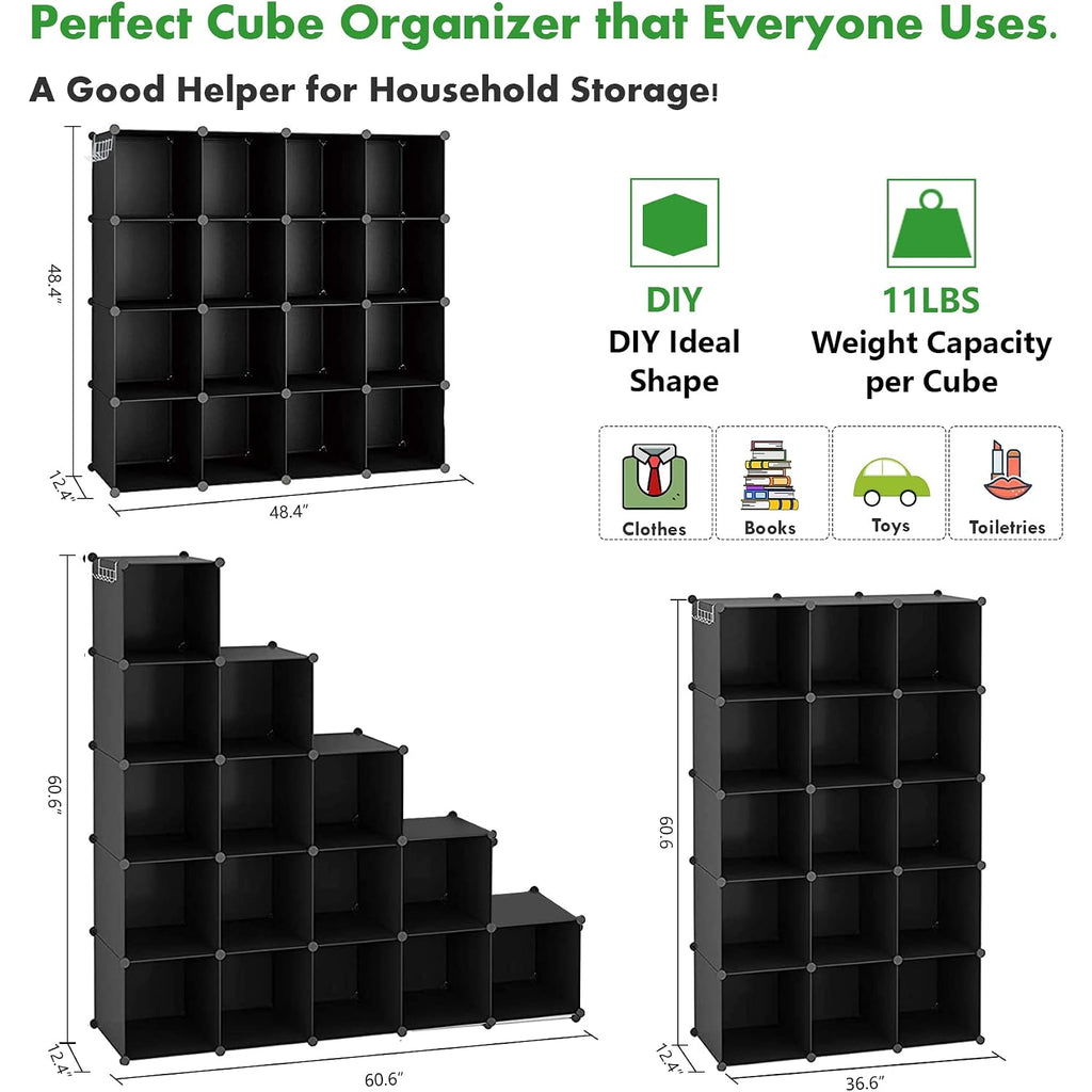 C&Ahome Cube Storage Organizer, 16-Cube Shelves Units, Plastic Storage Cubes, Diy Closet Organizer, Modular Closet Storage Shelves Ideal For Home, Bedroom, 48.4" L × 12.4" W × 48.4" H Black Sum3016H