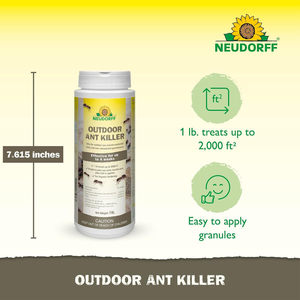 Neudorff Outdoor Ant Killer, Ant Bait Granules 1 Lbs Treats Up To 2,000 Sq. Ft. & Lasts Up To 4 Weeks, Home Perimeter Treatment For Organic Gardening, Insect Bait Attracts And Kills (1 Lb. (Ants))