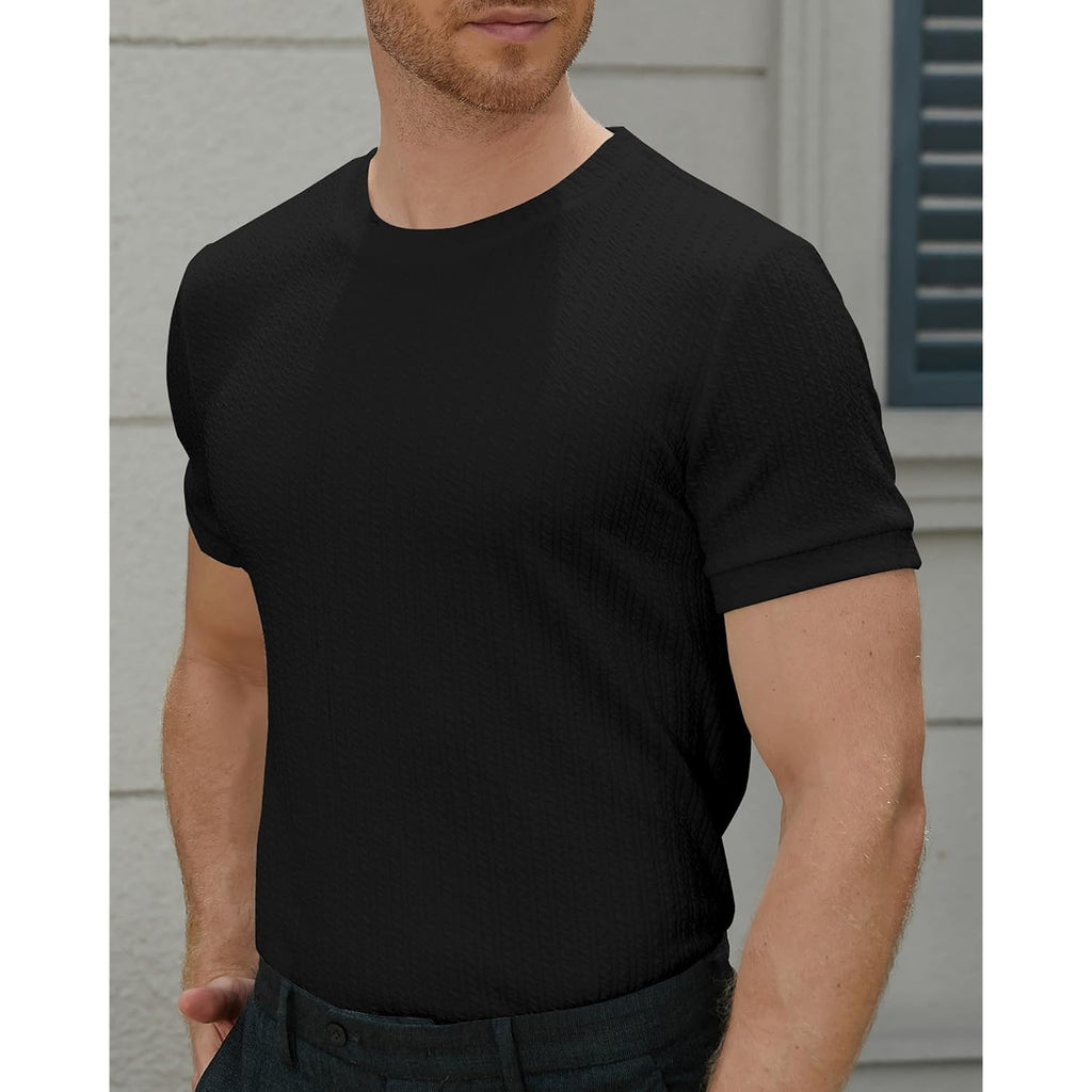 Men'S Ribbed Knit T-Shirts Short Sleeve Casual Crewneck Slim Fit Textured Pullover Tees