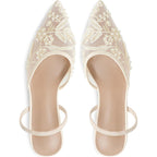 Embroidered Kitten Heels For Women Pointed Toe Mesh Floral Slingback Heeled Sandals With Pearl Slip On Backless Bridal Wedding Sandals Shoes