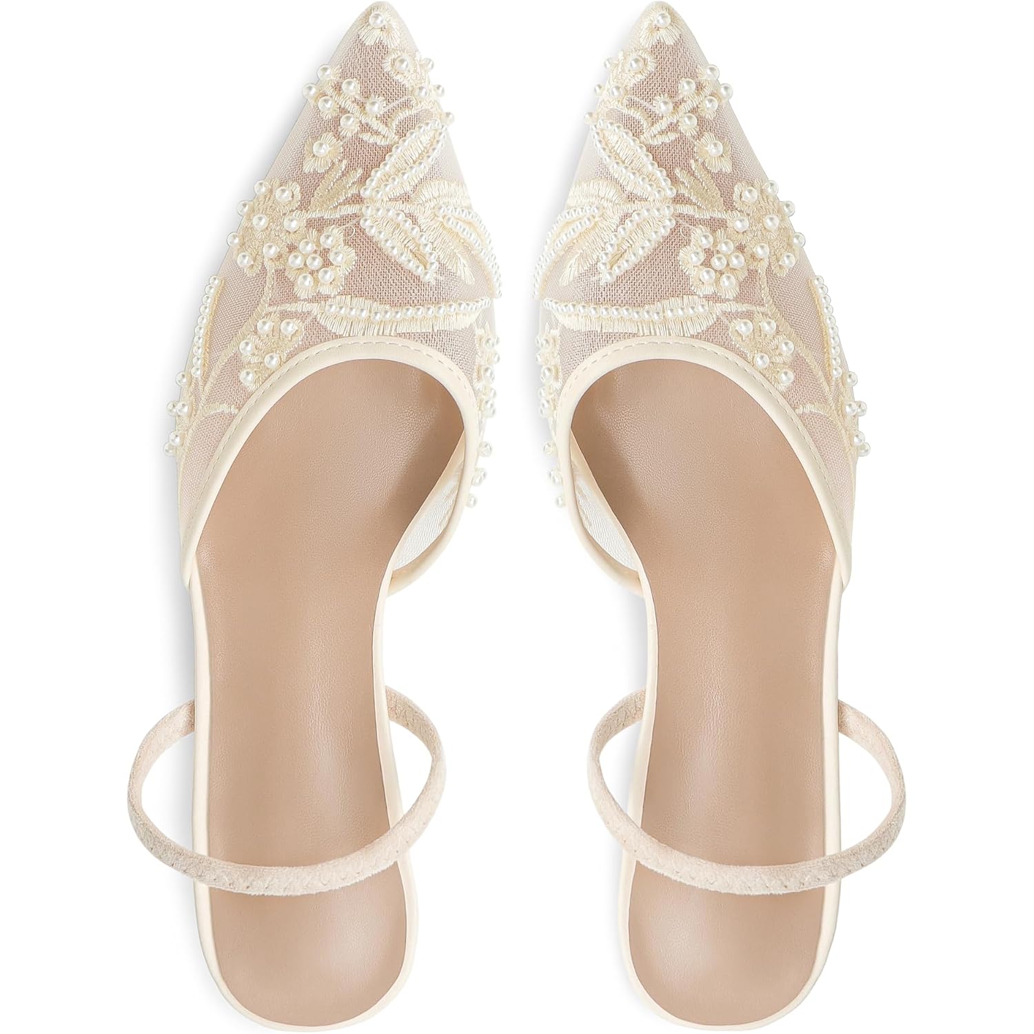 Embroidered Kitten Heels For Women Pointed Toe Mesh Floral Slingback Heeled Sandals With Pearl Slip On Backless Bridal Wedding Sandals Shoes