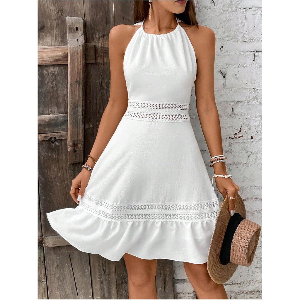 Floerns Women'S Contrast Lace Sleeveless Halter Dress Backless Vacation A Line Dress