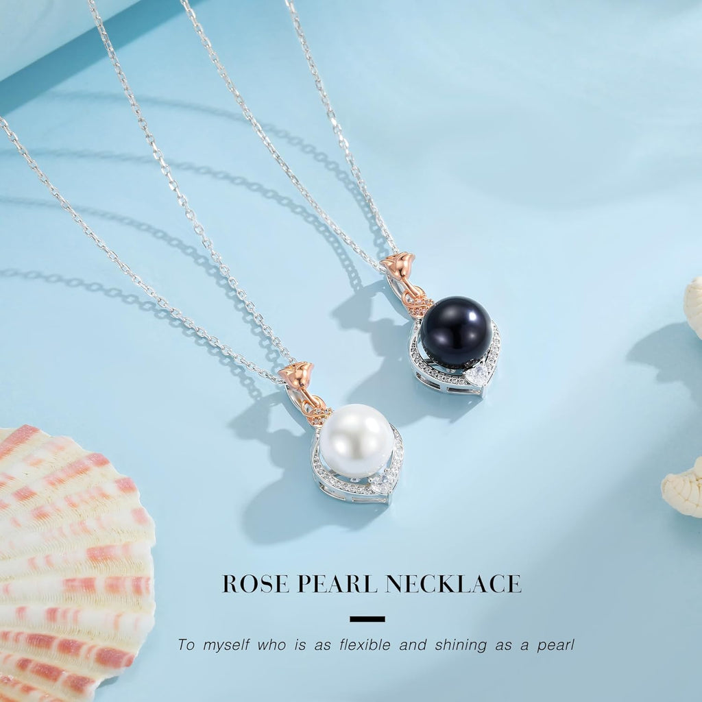 Iefil Mothers Day Gifts for Wife Mom - 10-11mm Freshwater Pearl Necklace, Rose Flower Pearl Necklace, Anniversary Jewelry Gifts for Women Wife Mom Girlfriend Her, 925 Sterling Silver