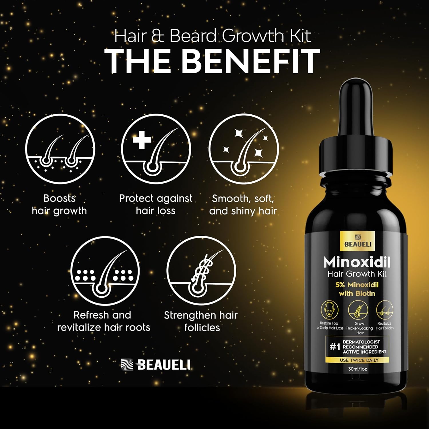 Beaueli Minoxidil Beard Growth Kit For Men and Women, Hair Loss and Hair Regrowth Treatments, Minoxidil 5%, Black