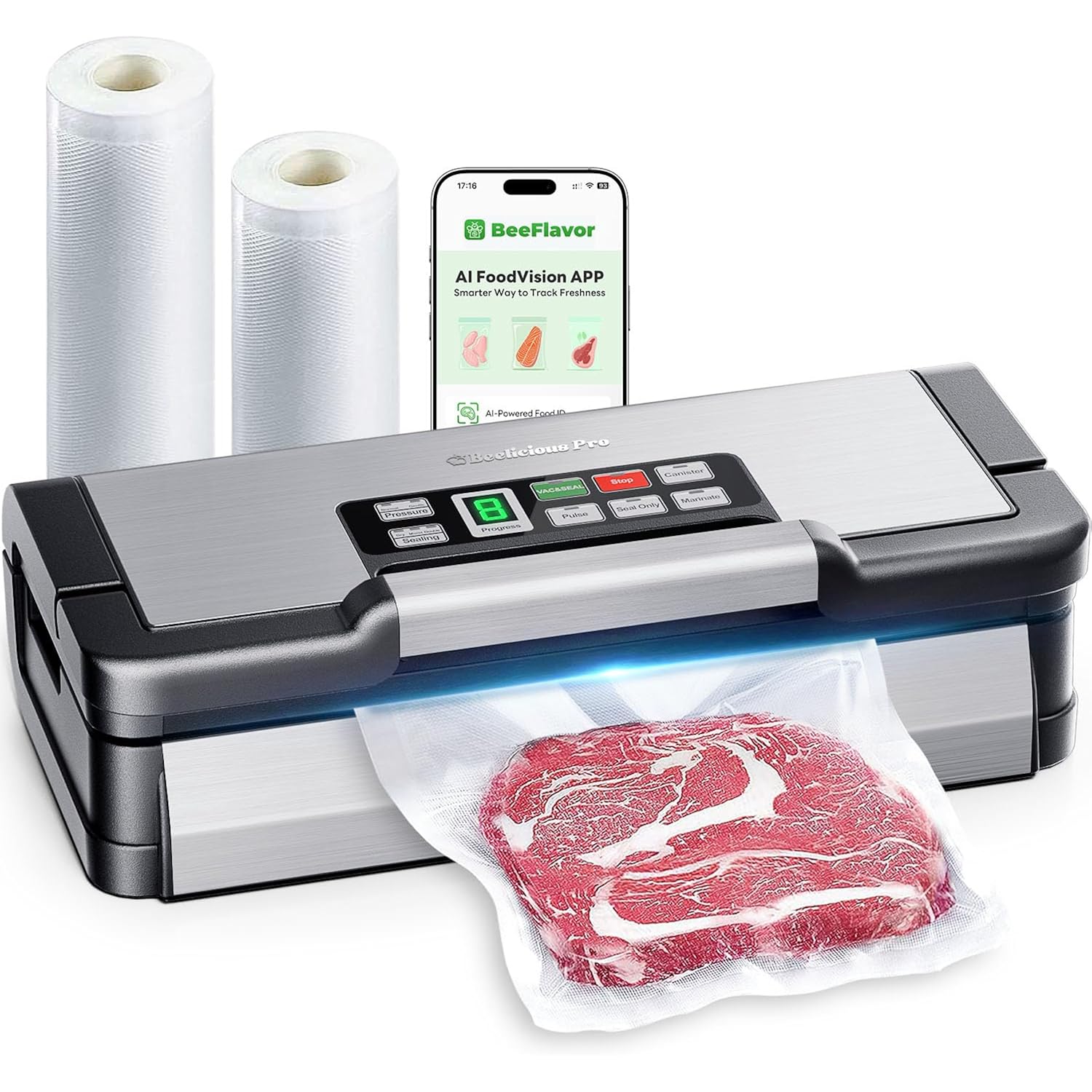 95kPa Vacuum Sealer Machine with AquaLock Technology, for Moist Seals, 2X Seal & 130W, Fully Automatic Food Sealer, Built-In Cutter, Bag Storage & Hose, Precision Sealing, 2 Bag Rolls,Stainless Steel