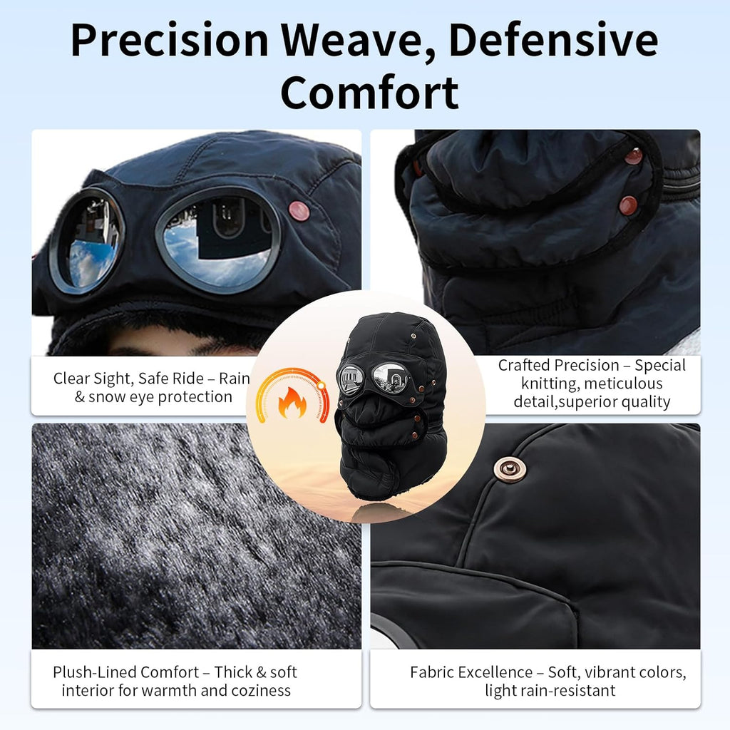 Winter Thermal Hat with Glasses, Trapper Hat for Men with Mask Pilot Face Ski Goggles Built in, Adjustable and Glasses
