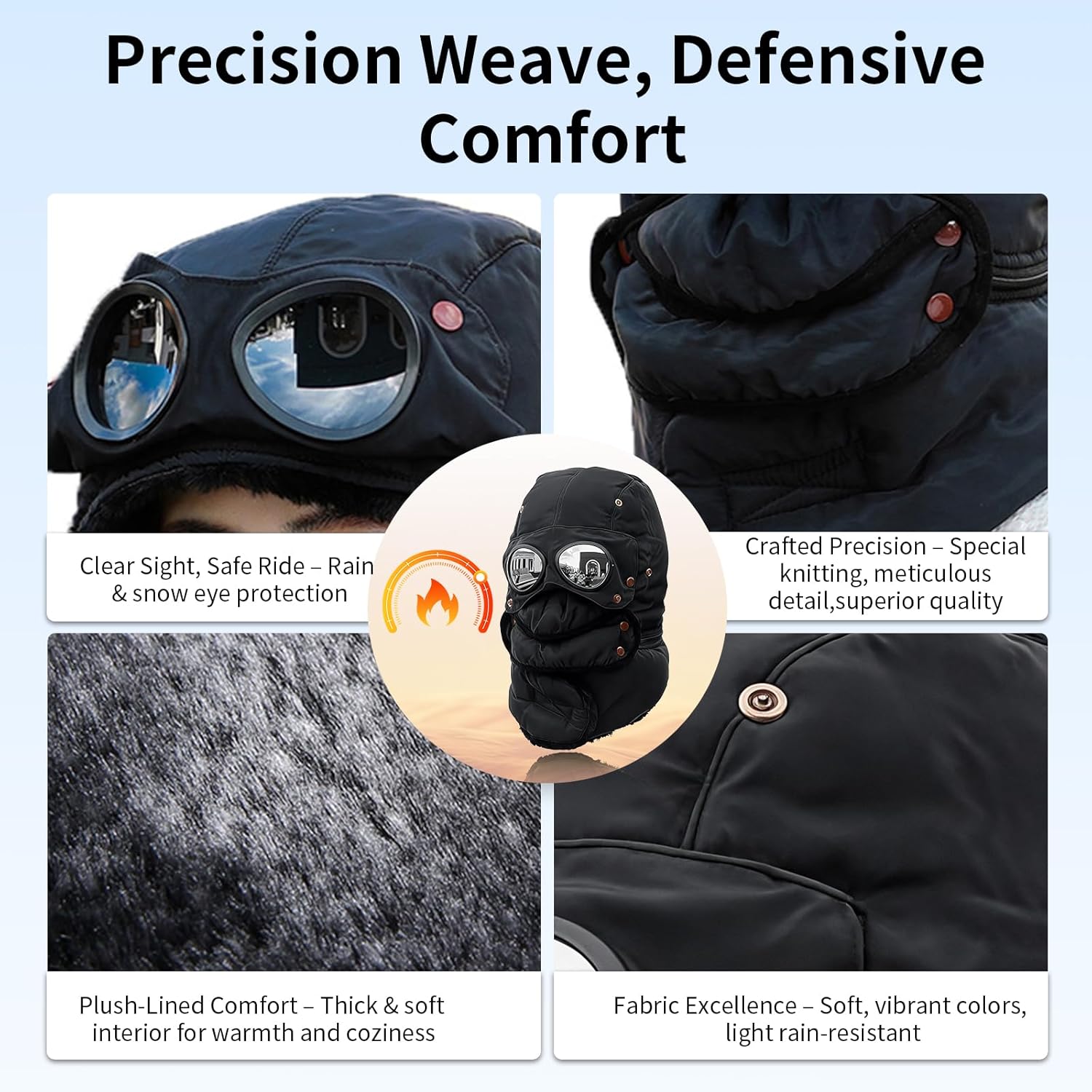Winter Thermal Hat with Glasses, Trapper Hat for Men with Mask Pilot Face Ski Goggles Built in, Adjustable and Glasses