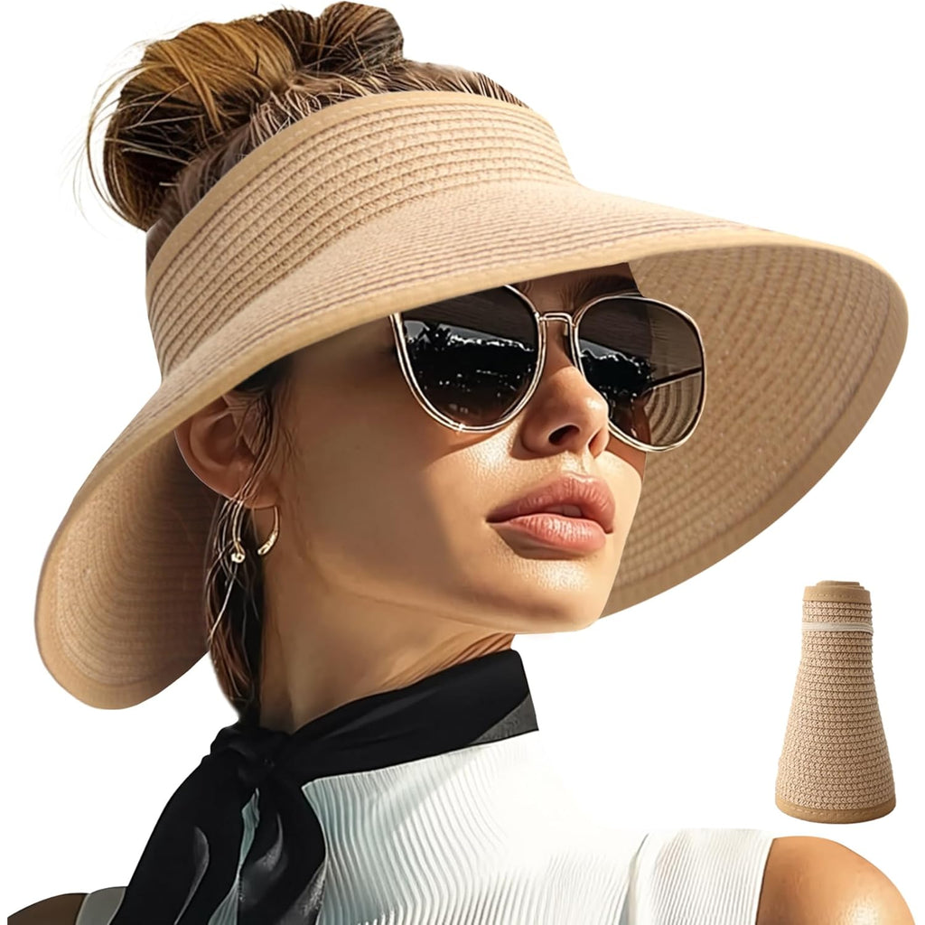 PFFY Sun Visors Hats for Women Wide Brim Straw Visor Packable Foldable Ponytail Travel Beach Hat Vacation Essentials
