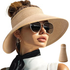 PFFY Sun Visors Hats for Women Wide Brim Straw Visor Packable Foldable Ponytail Travel Beach Hat Vacation Essentials