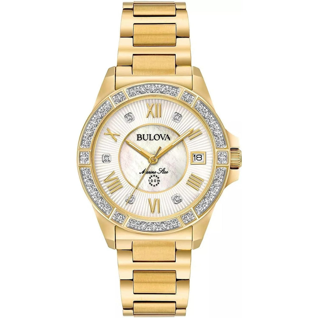 Bulova Ladies' Marine Star 'Series L' 3-Hand Day Date Quartz Diamond Watch, Sapphire Crystal, 100M Water Resistant, Mother-Of-Pearl Dial, 34Mm