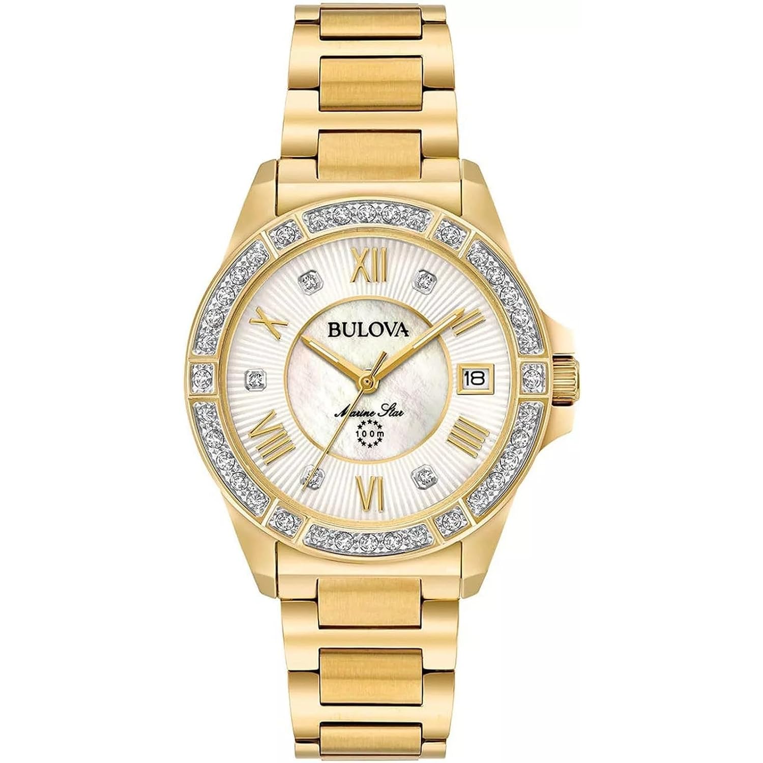 Bulova Ladies' Marine Star 'Series L' 3-Hand Day Date Quartz Diamond Watch, Sapphire Crystal, 100M Water Resistant, Mother-Of-Pearl Dial, 34Mm