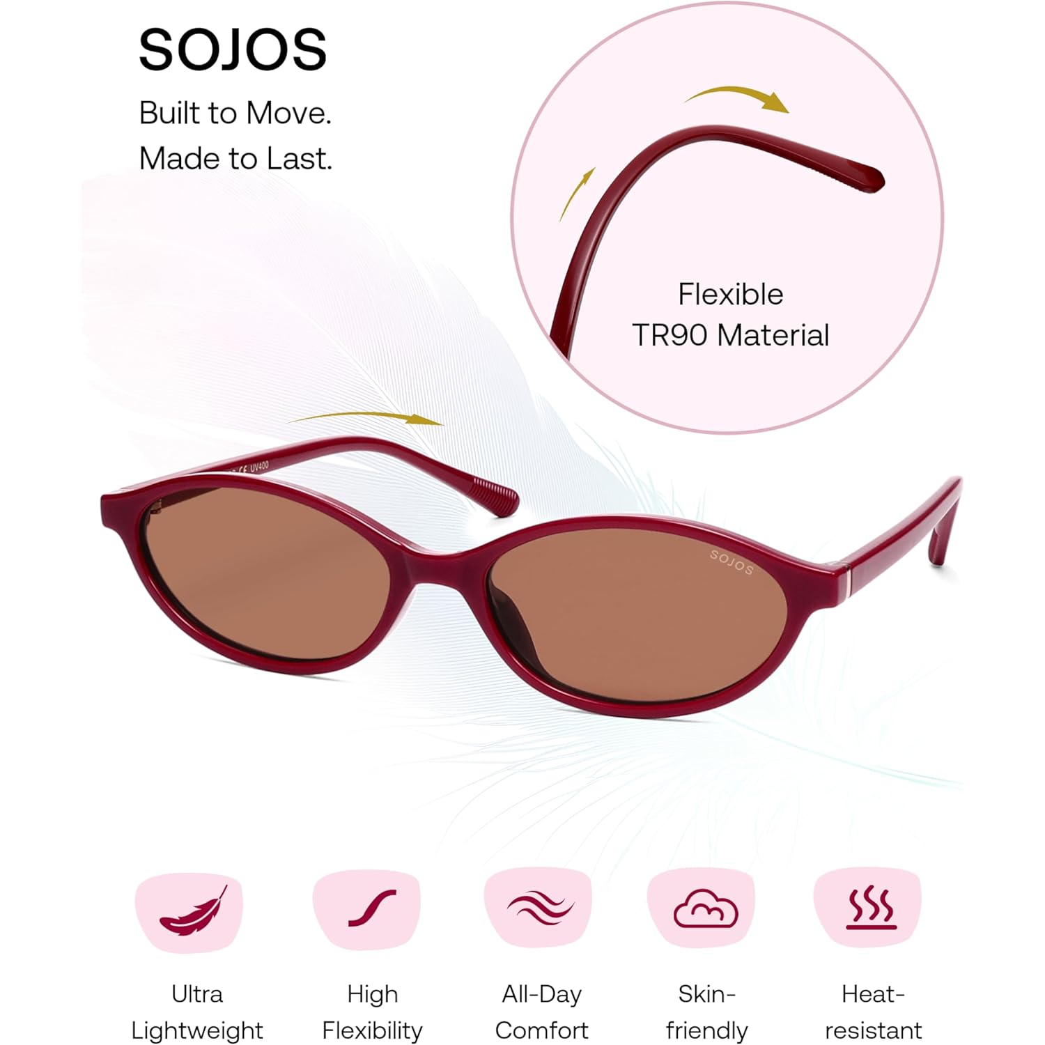 SOJOS TR90 Ultra Light Flexible Sunglasses for Women Retro Oval Polarized Cat Eye Vintage Shades UV400 Protection Comfort Fit