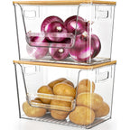 Delamu 2 Set Pantry Organizers And Storage, Trash Bag Holder Under Sink Organizer For 4-13 Gal Bags, Trash Bag Dispenser With Bamboo Top For Onion, Potato, Garlic, Clear (11-7/32"L*7" W*7-1/8"H)