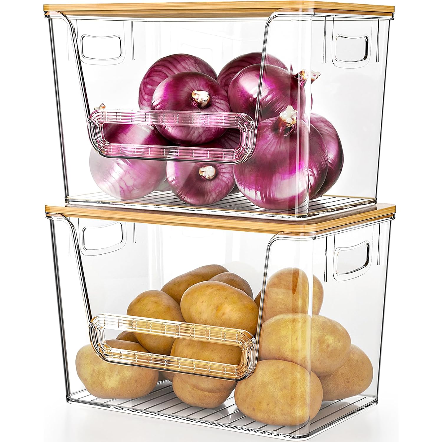 Delamu 2 Set Pantry Organizers And Storage, Trash Bag Holder Under Sink Organizer For 4-13 Gal Bags, Trash Bag Dispenser With Bamboo Top For Onion, Potato, Garlic, Clear (11-7/32"L*7" W*7-1/8"H)