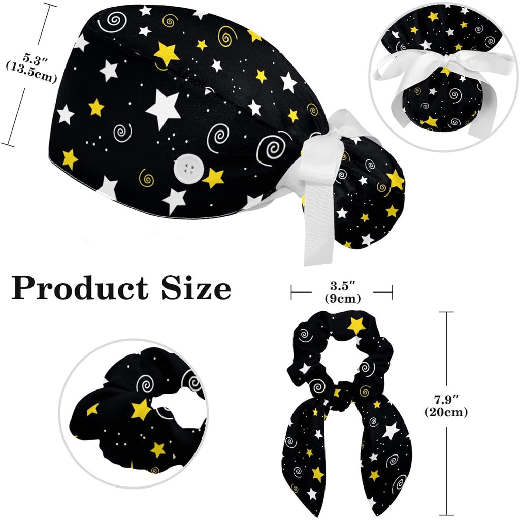 Women'S Working Caps Bouffant Surgical Cap With Bow Scrunchies Little Daisy Art Paint Ponytail Holder Tie Back Scrub Hat