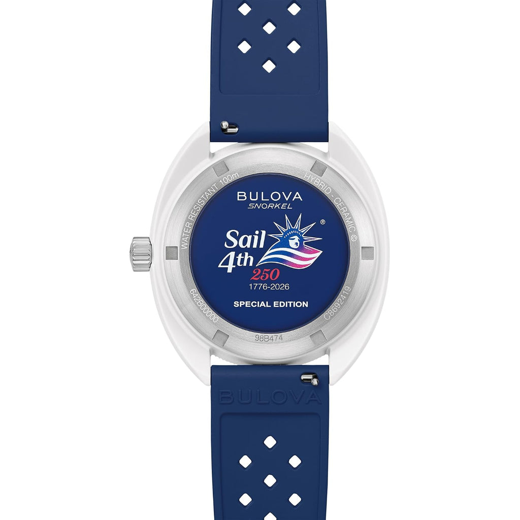 Bulova Men'S Snorkel - America'S 250Th Sail 4Th Special Edition: 41Mm White Hybrid-Ceramic Case With A Blue Rubber Strap & Red Dial (Style: 98B474)