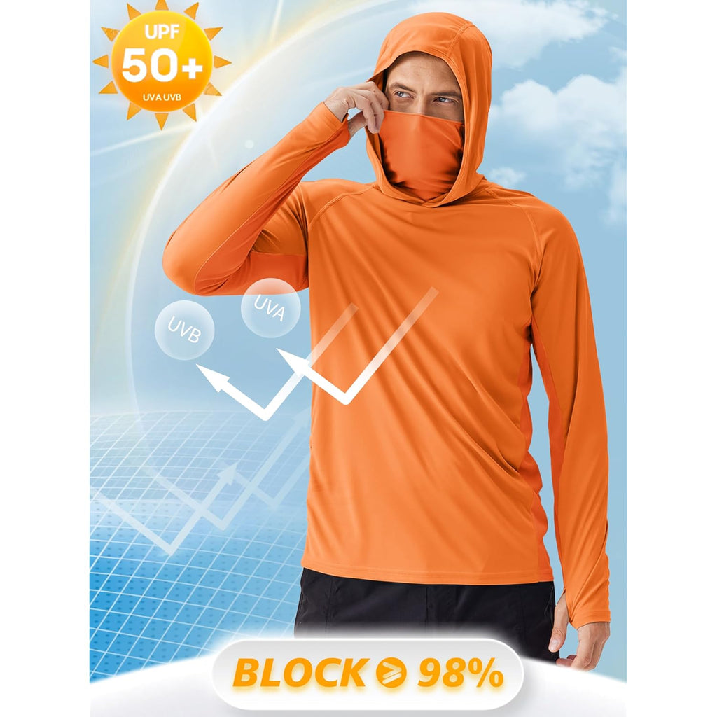 Pinspark Men'S Sun Protection Hoodie With Mask Upf 50+ Uv Long Sleeve Shirt Men Rash Guard Performance Fishing Hiking Shirt