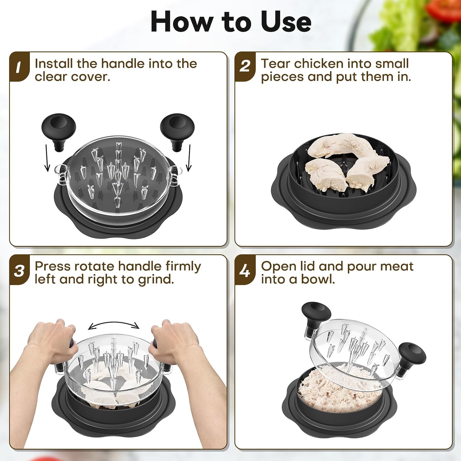 Ukeetap 10" Pro Chicken Shredder Tool Twist Large For Kitchen, Bpa-Free Food-Safe Meat Grinder, Visible Chicken Breast Meat Shredder With Strong Anti-Slip Bottom & Ergonomic Handle, Black