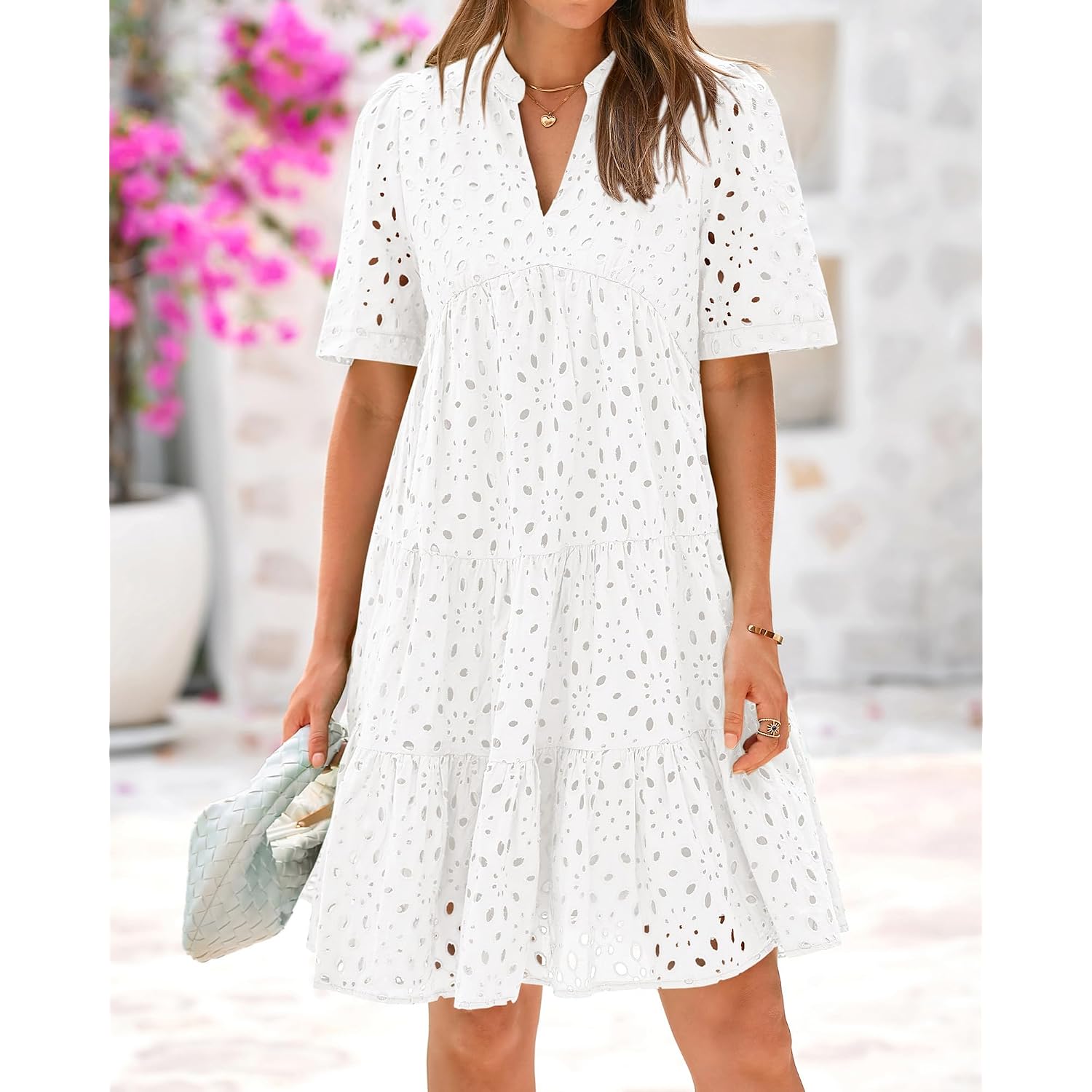 Btfbm Womens Boho Summer Dresses 2026 Spring V Neck Short Sleeve Hollow Out Lace Ruffle Casual Beach Mini Vacation Dress