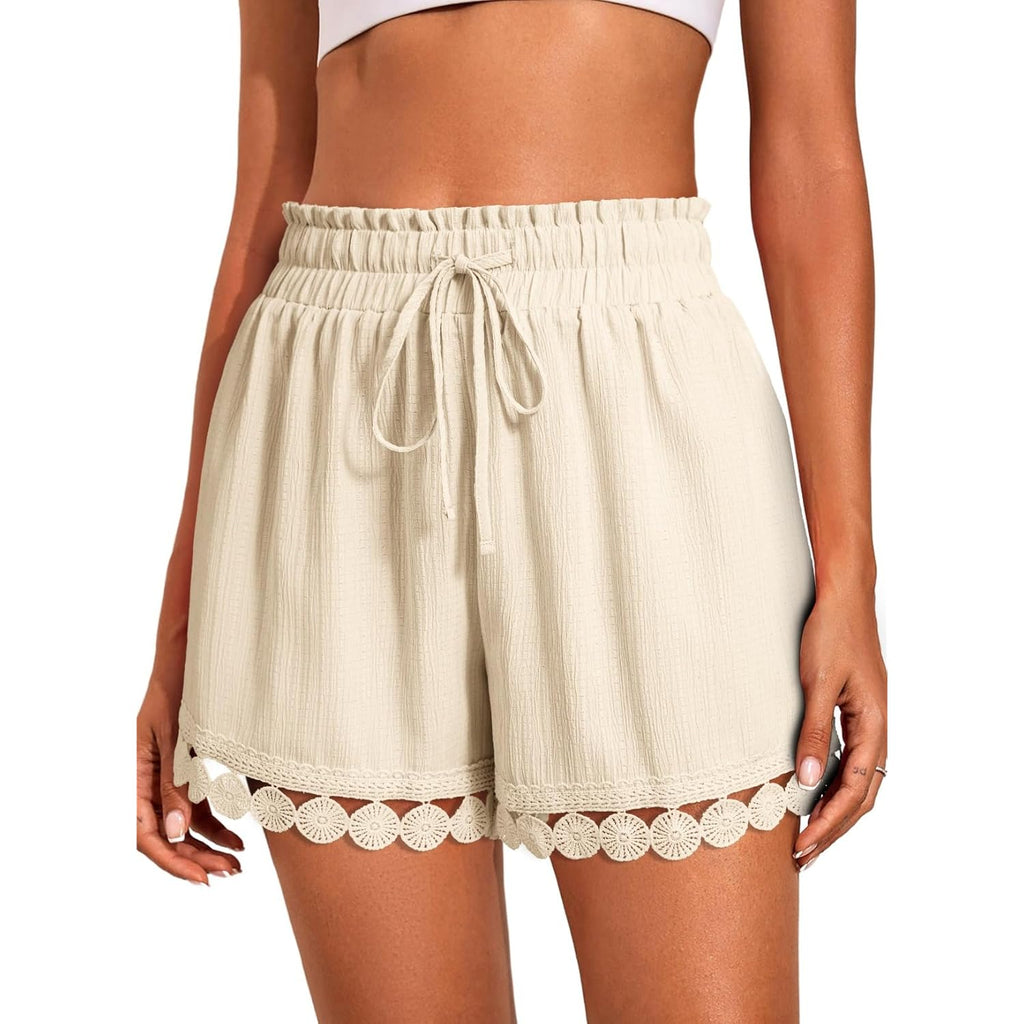 Womens Shorts Summer Casual Loose Elastic Waist Drawstring Lace Boho Beach Cover Up Shorts