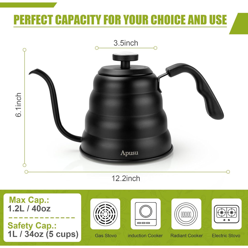 Tea Kettle with Thermometer Pot Black Stovetop Tea Kettle 40oz Gooseneck Kettle Teapot Pour Over Coffee Kettle with Thermometer,1200ml,5 Cup,Black,1Pack