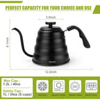 Tea Kettle with Thermometer Pot Black Stovetop Tea Kettle 40oz Gooseneck Kettle Teapot Pour Over Coffee Kettle with Thermometer,1200ml,5 Cup,Black,1Pack