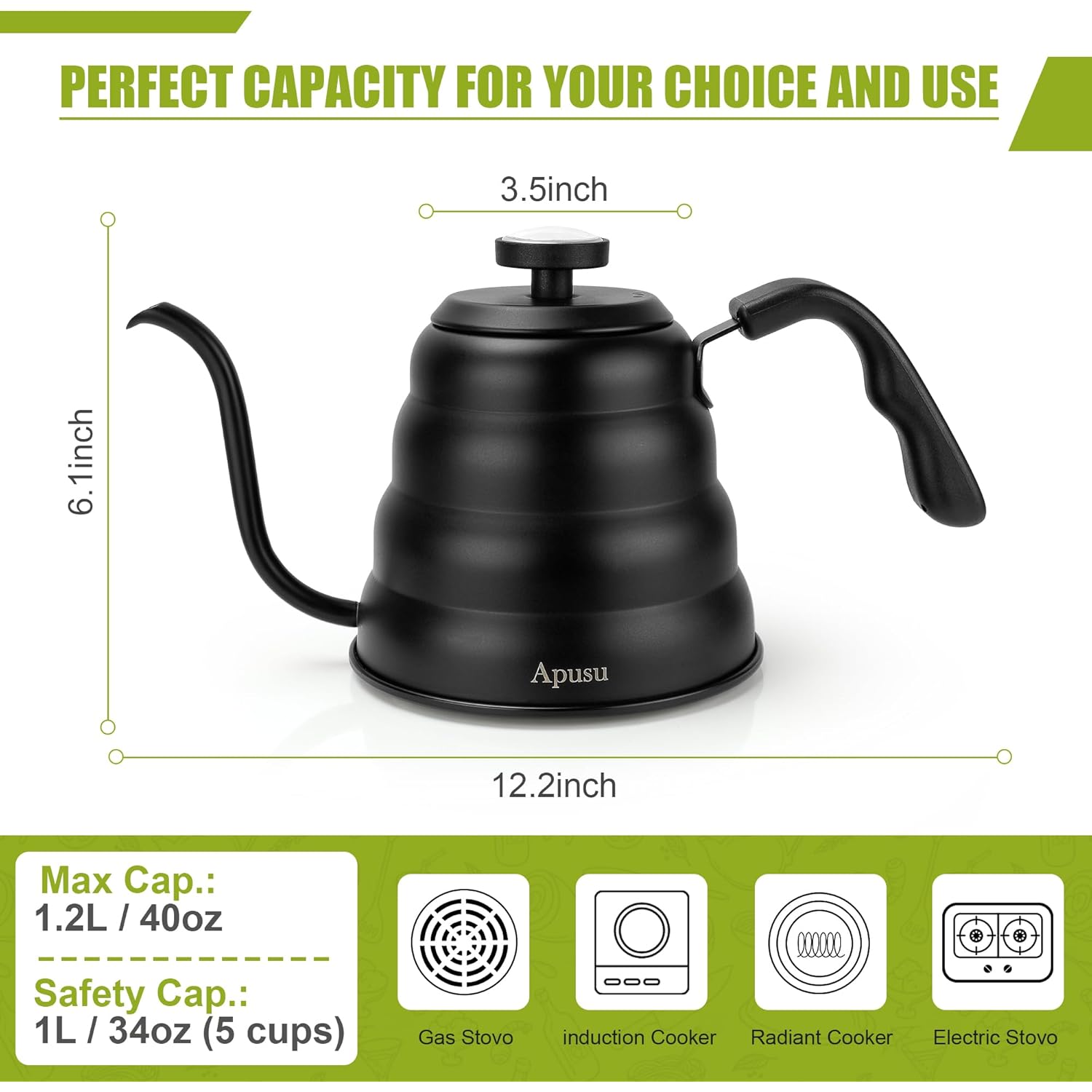 Tea Kettle with Thermometer Pot Black Stovetop Tea Kettle 40oz Gooseneck Kettle Teapot Pour Over Coffee Kettle with Thermometer,1200ml,5 Cup,Black,1Pack