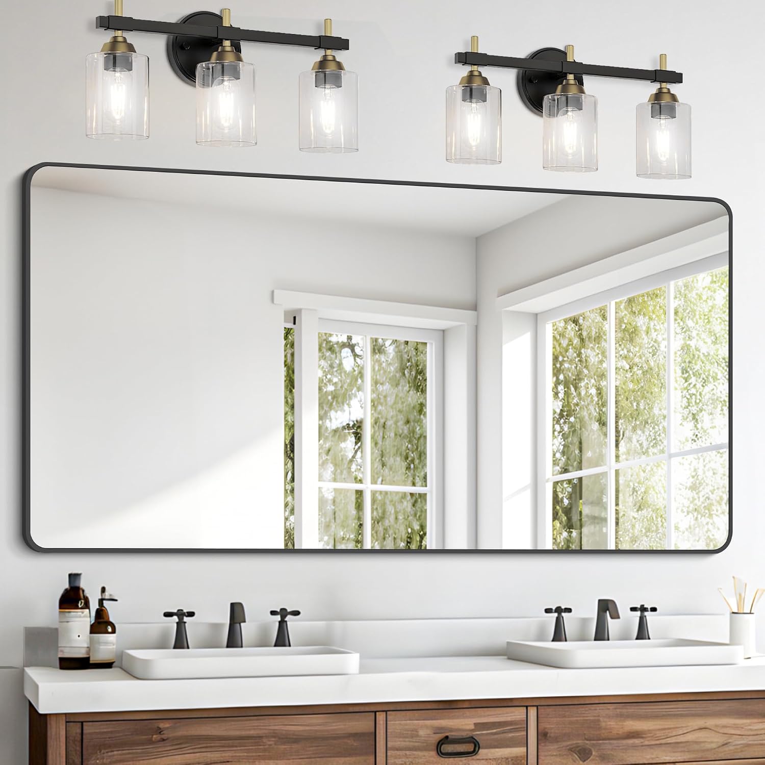 Bathroom Mirror 30" X 60"，Large Rectangular Wall Mirror, Black Metal Framed Rounded Corner Wall Mounted Mirror For Bathroom Bedroom Entryway Decor(Horizontal/Vertical)