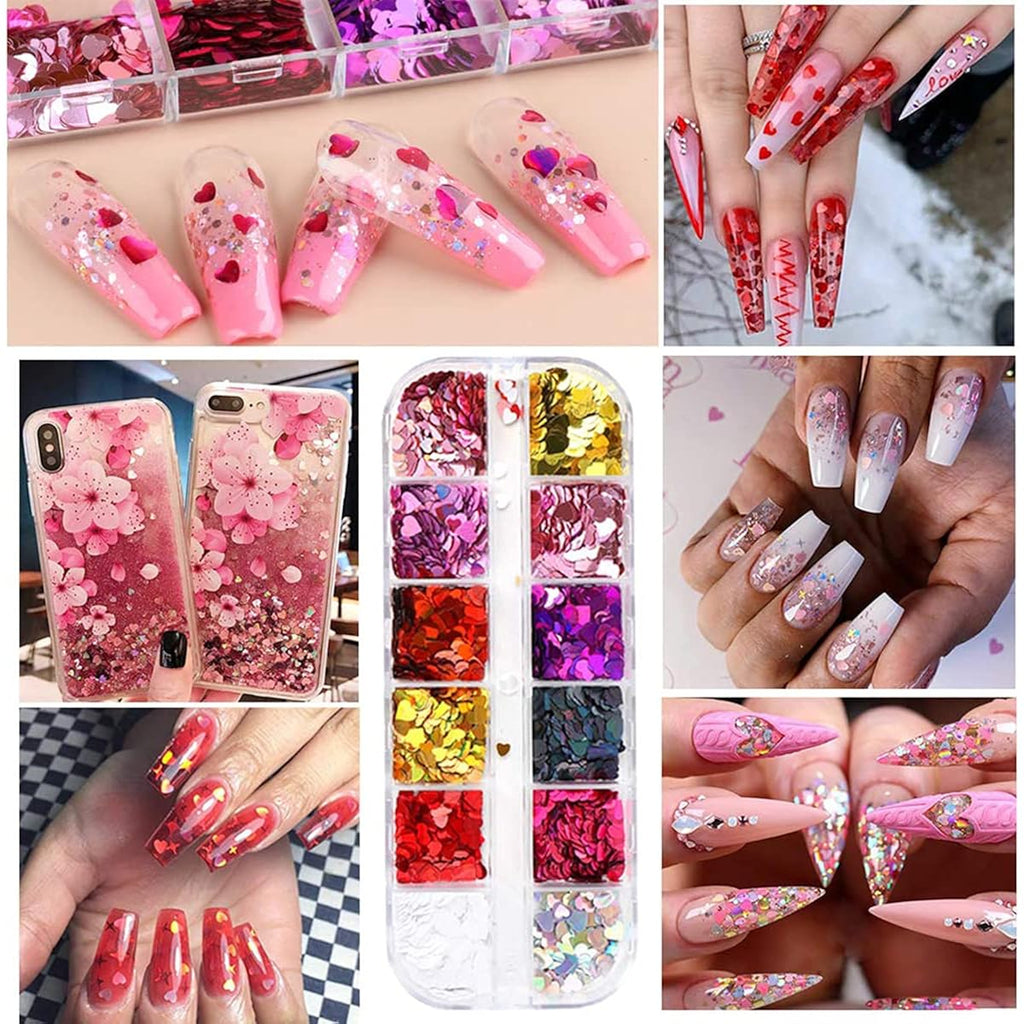 3D Heart Nail Glitter Sequins Art Stickers Decals Supplies Flakes Holographic Confetti for Acrylic Nails Designs Makeup DIY Decoration