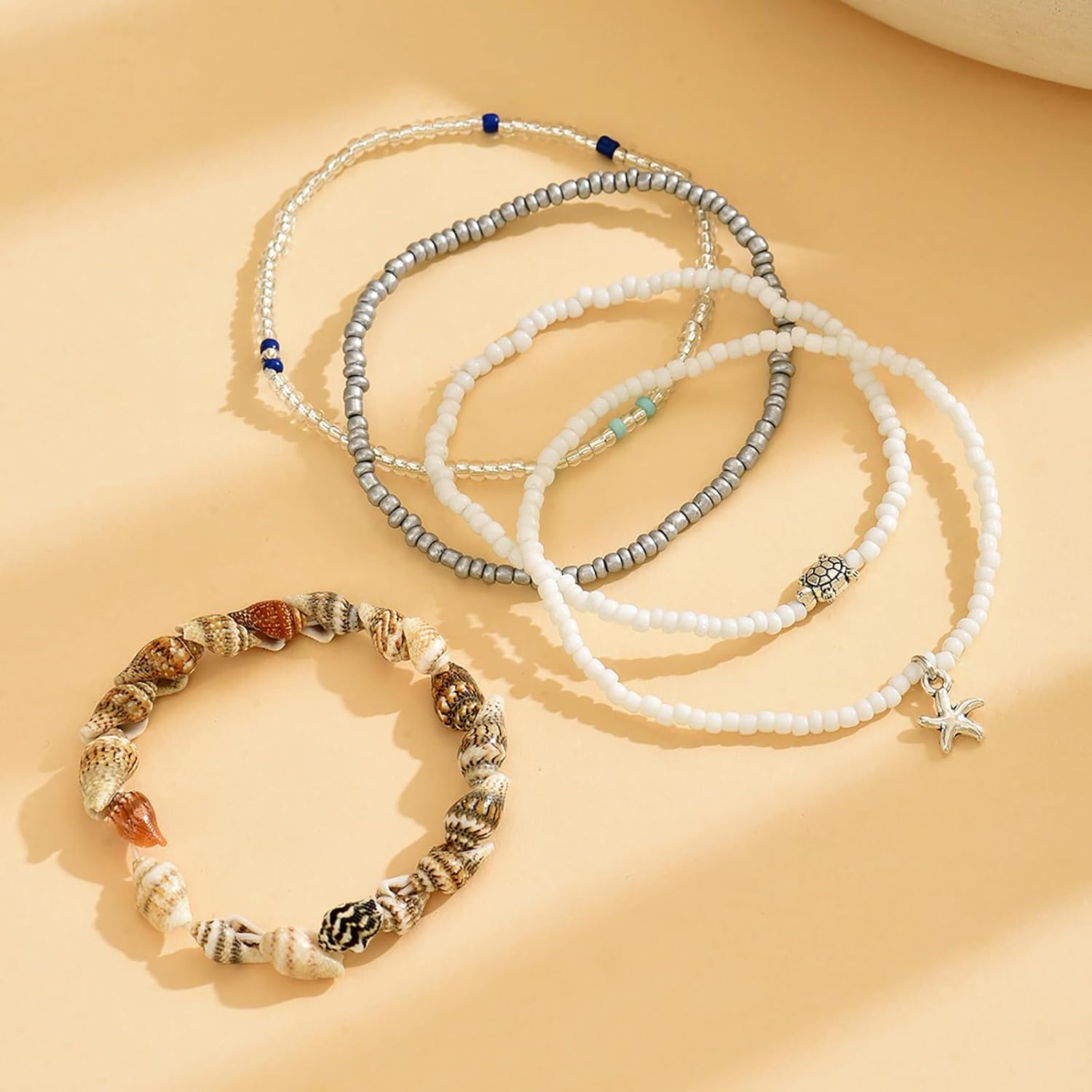 Ankle Bracelets for Women Stretch Boho Pearl Bead Gold Anklets Layered Sequins Foot Chain Hawaiian Beach Conch Summer Vacation Travel Foot Jewelry