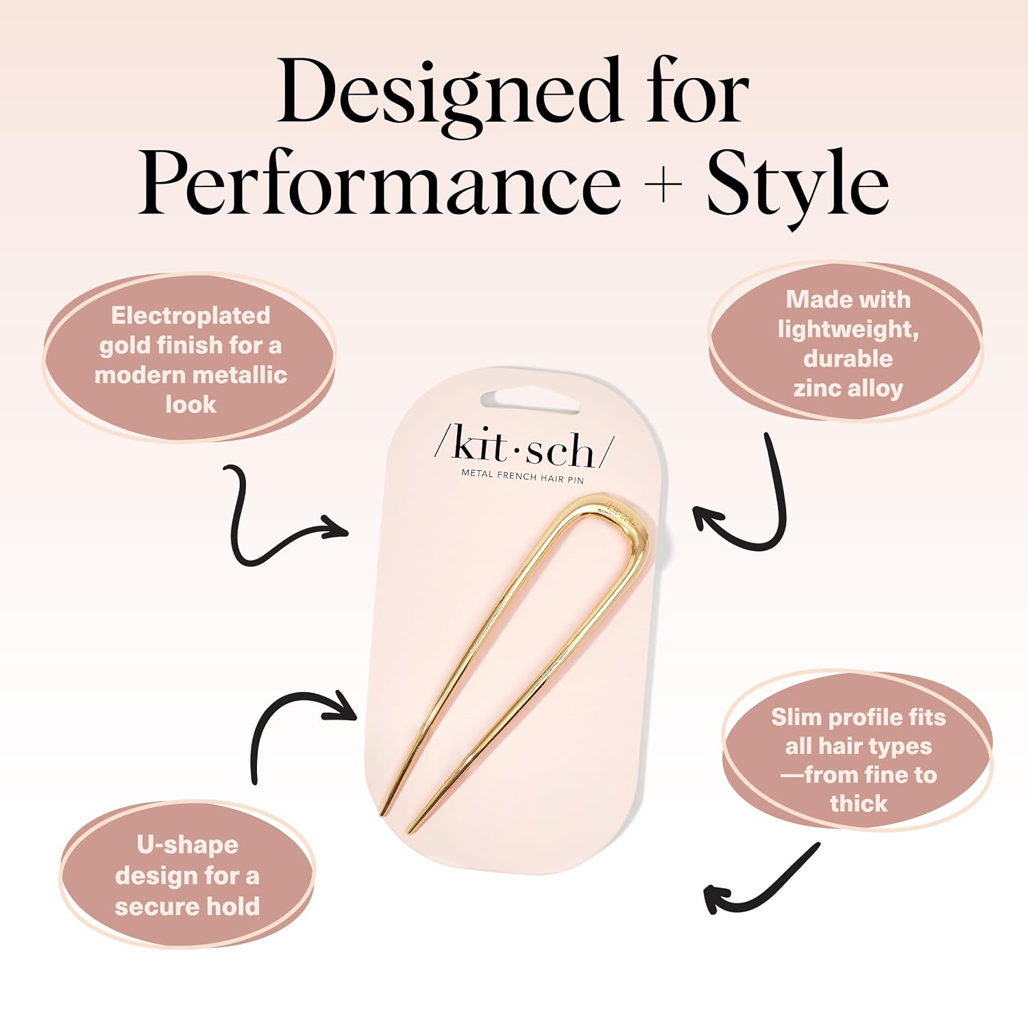 Kitsch French Hair Pins For Women – Elegant & Durable Metal French Pin For Updos, Chignon, Buns & Twist Hairstyles | Secure Hold All Day, Comfortable Fit - Gold, 1Pc