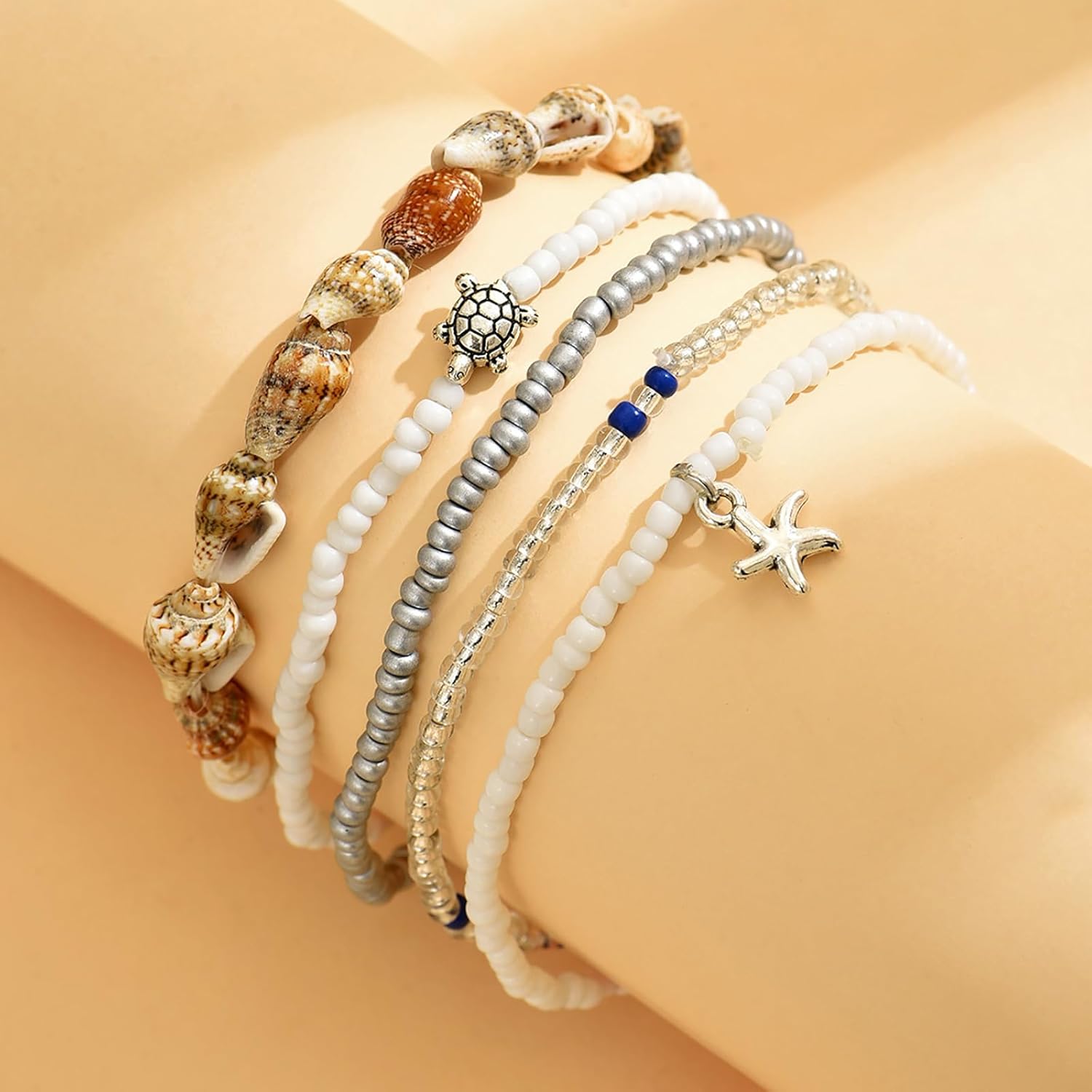Ankle Bracelets for Women Stretch Boho Pearl Bead Gold Anklets Layered Sequins Foot Chain Hawaiian Beach Conch Summer Vacation Travel Foot Jewelry