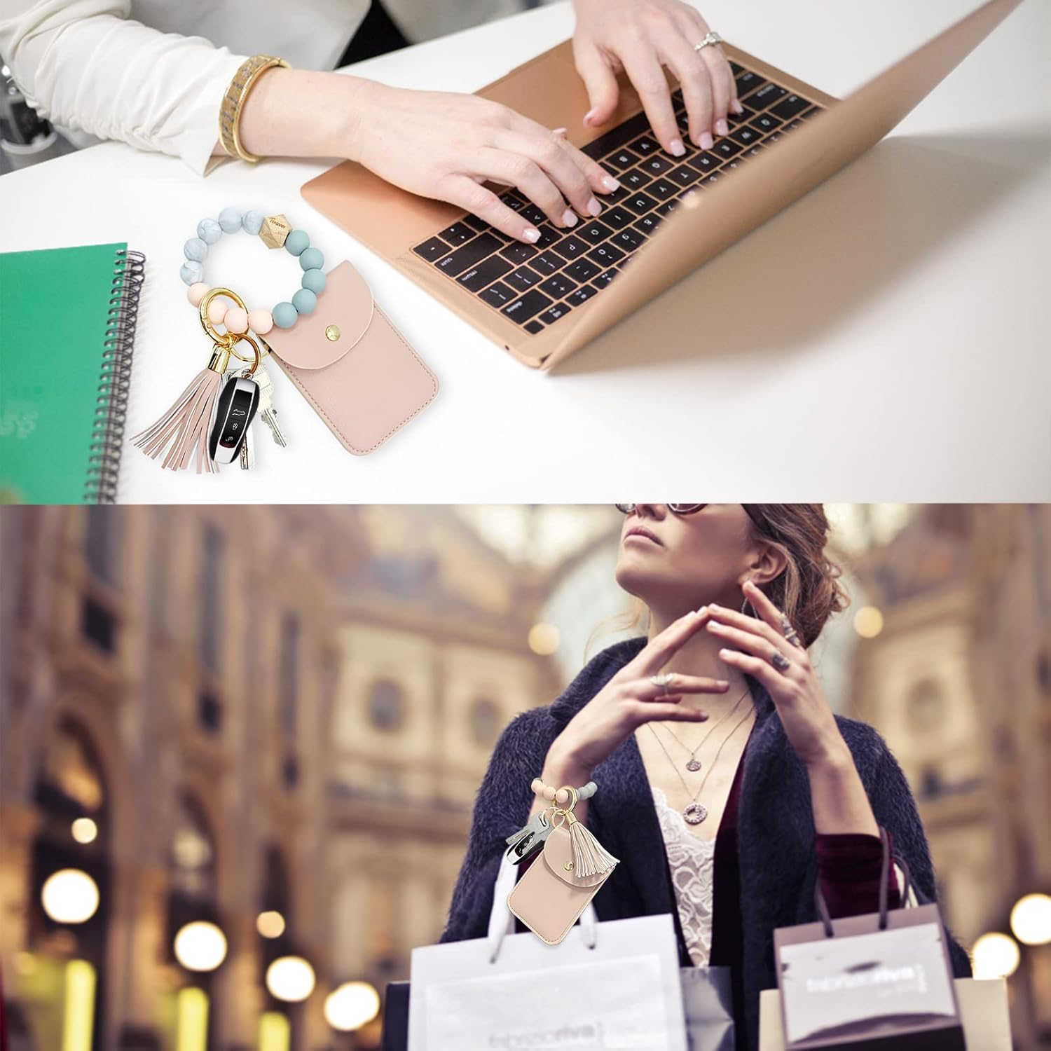 Keychain Wallet Wristlet Small Credit Card Holder Bracelet Key Chain Purse Bangle Tassel Beads Key Rings for Women