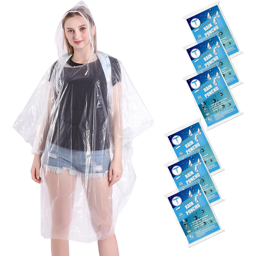 Disposable Rain Ponchos 6 Pack For Adults/Kids/Family Set-50% Thicker Emergency Ponchos
