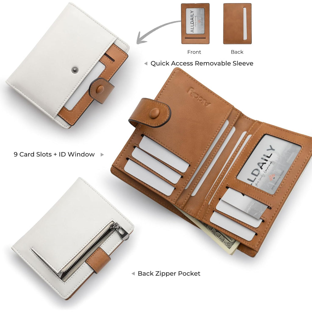 Alldaily Small Slim RFID Blocking Leather Wallet for Women, Bifold with 10 Card Slots and Coin Pocket (White&Brown)