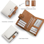 Alldaily Small Slim RFID Blocking Leather Wallet for Women, Bifold with 10 Card Slots and Coin Pocket (White&Brown)