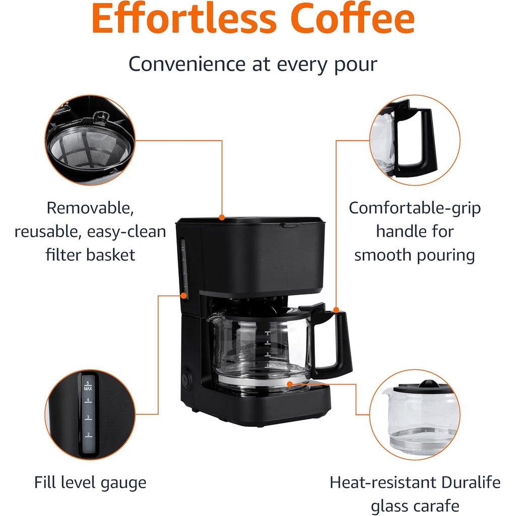 Amazon Basics 5 Cup Drip Coffee Maker with Glass Coffee Pot (0.8 Qt), Auto Shut-off, Auto Pause, Removable Filter Basket, Matte Black