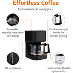 Amazon Basics 5 Cup Drip Coffee Maker with Glass Coffee Pot (0.8 Qt), Auto Shut-off, Auto Pause, Removable Filter Basket, Matte Black