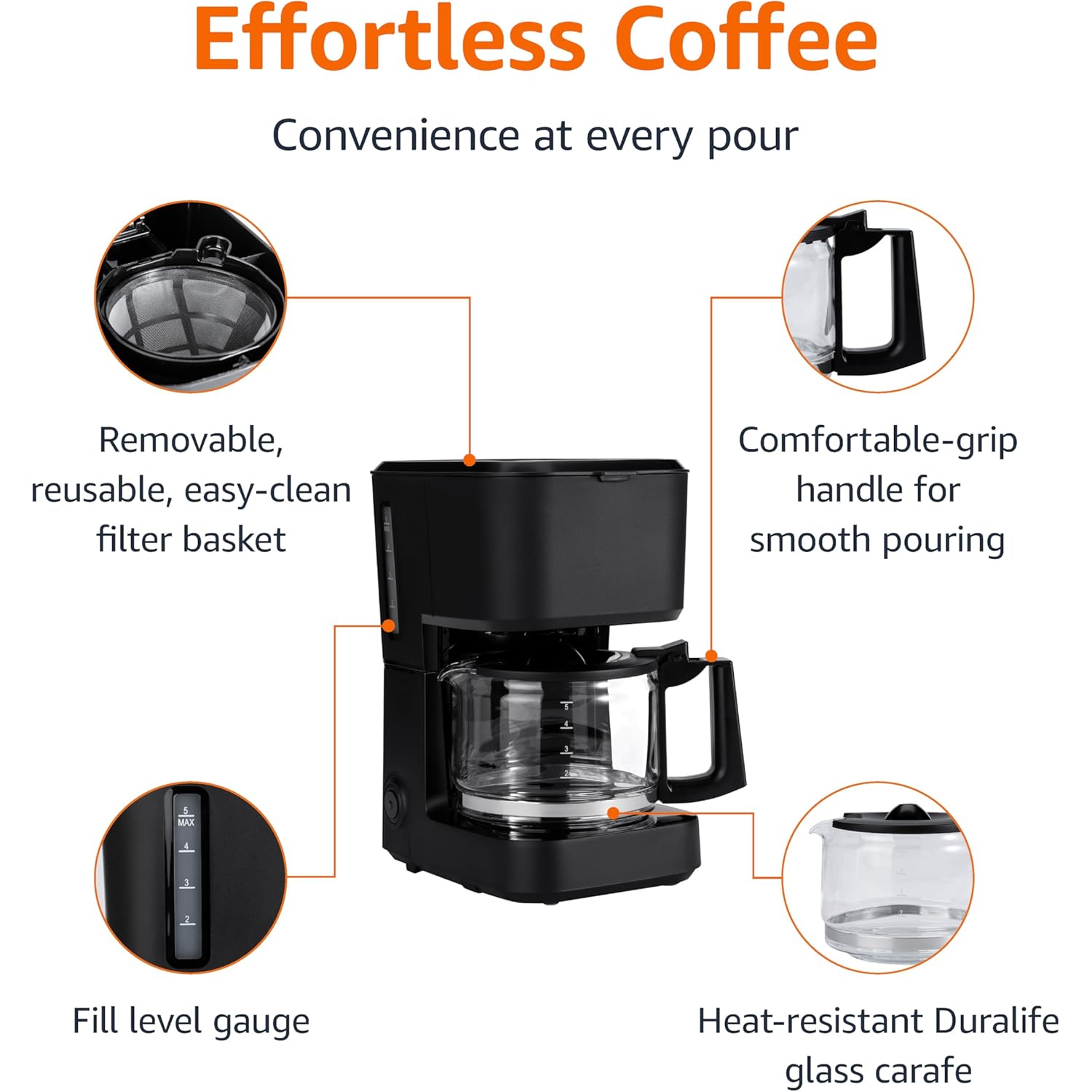 Amazon Basics 5 Cup Drip Coffee Maker with Glass Coffee Pot (0.8 Qt), Auto Shut-off, Auto Pause, Removable Filter Basket, Matte Black