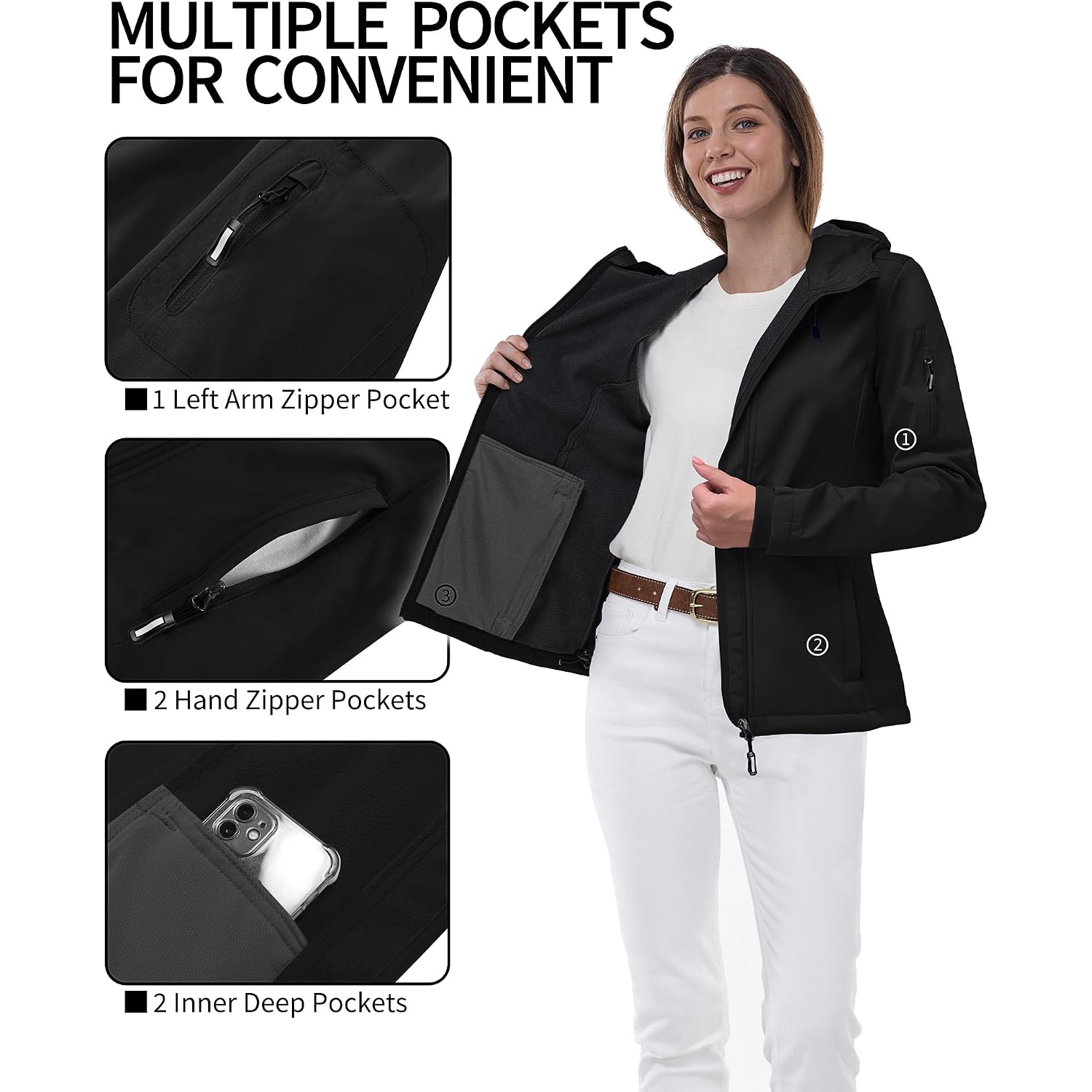 Outdoor Ventures Women'S Softshell Jacket With Hood Fleece Lined Warm Lightweight Waterproof Insulated Windbreaker