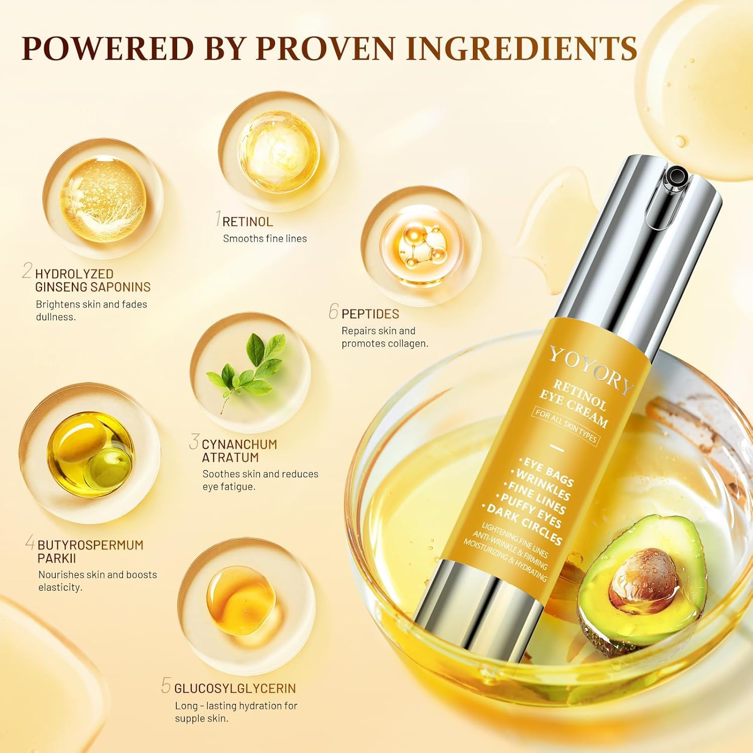 Retinol Eye Cream For Dark Circles & Puffiness – Hydrating & Moisturizing Under Eye Treatment For Wrinkles, Fine Lines & Eye Bags, Gold Formula For Smooth, Revitalized Skin, 0.65 Fl Oz