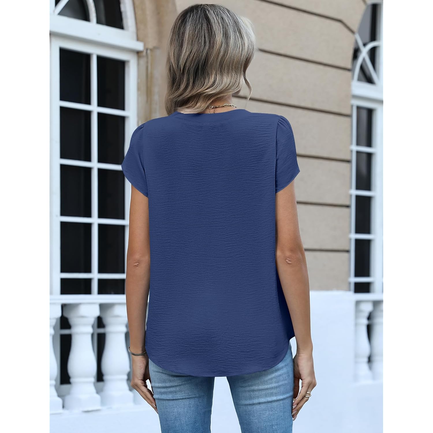 Zeagoo Womens Tops Dressy Casual Textured Blouses Cap Short Sleeve Shirts V Neck Button Up Summer Spring Work Tshirt Clothes