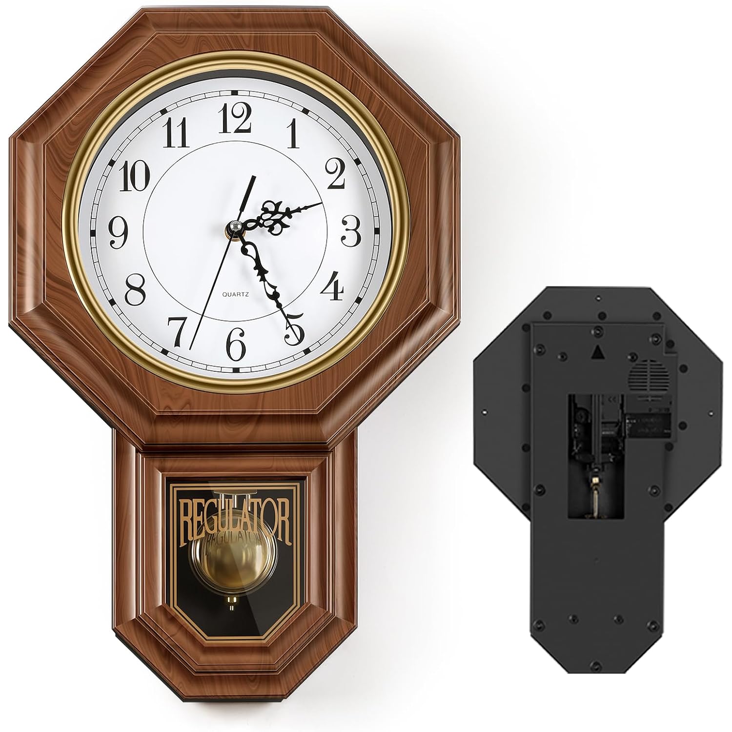 Pendulum Wall Clocks Battery Operated,Regulator Wall Clock With Pendulum,Vintage Decorative Grandfather Clock For Living Room,Bedroom,Kitchen,Office,Brown 11.8X17.7In